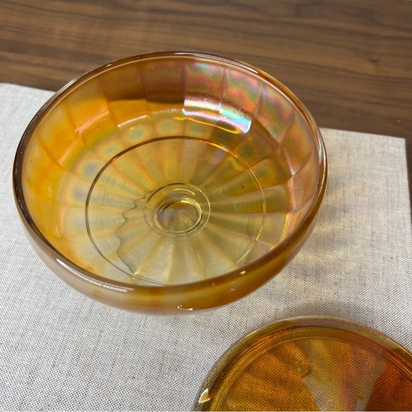 Vintage MCM Marigold Iridescent Carnival Glass Lidded Footed Candy Dish With Lid - Picture 10 of 10